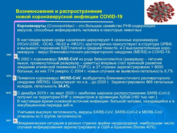 Возникновение и распространение новой коронавирусной инфекции COVID-19 Коронавирусы (Coronaviridae) – это большое