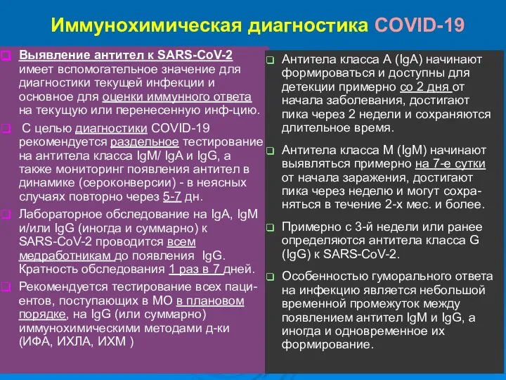 Иммунохимическая диагностика COVID-19 Выявление антител к SARS-CoV-2 имеет вспомогательное значение для диагностики