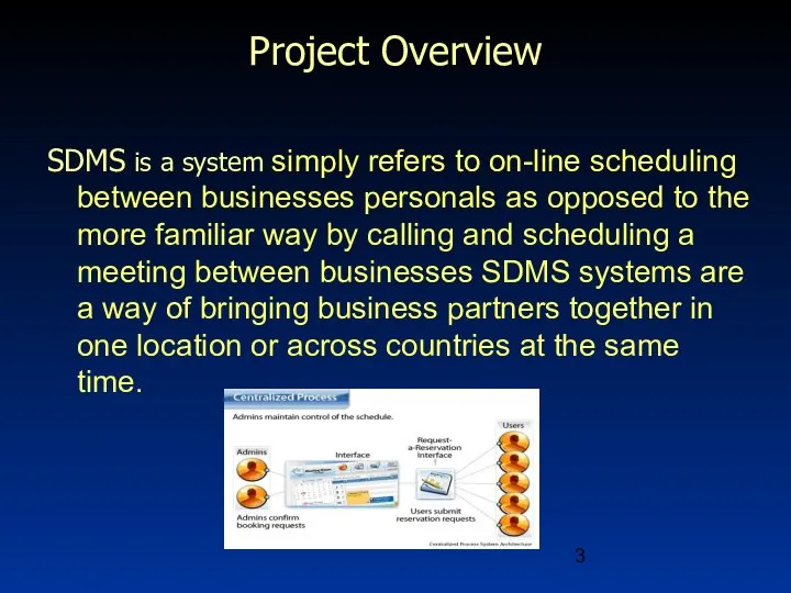 Project Overview SDMS is a system simply refers to on-line scheduling between