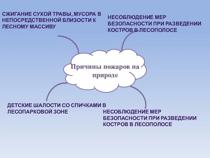 Причины пожаров на природе СЖИГАНИЕ СУХОЙ ТРАВЫ, МУСОРА В НЕПОСРЕДСТВЕННОЙ БЛИЗОСТИ К