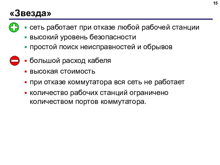 «Звезда» сеть работает при отказе любой рабочей станции высокий уровень безопасности простой