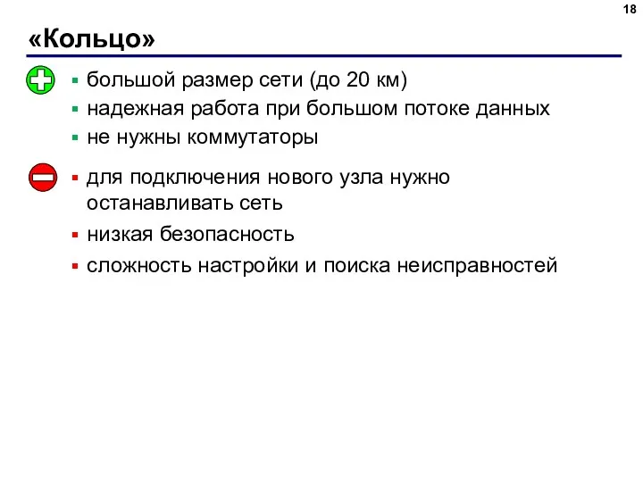 «Кольцо» большой размер сети (до 20 км) надежная работа при большом потоке