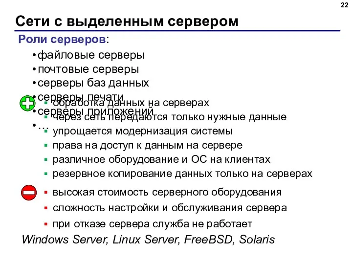 Сети с выделенным сервером Роли серверов: файловые серверы почтовые серверы серверы баз