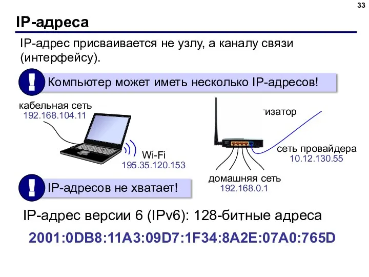 IP-адреса IP-адрес версии 6 (IPv6): 128-битные адреса 2001:0DB8:11A3:09D7:1F34:8A2E:07A0:765D IP-адрес присваивается не узлу,