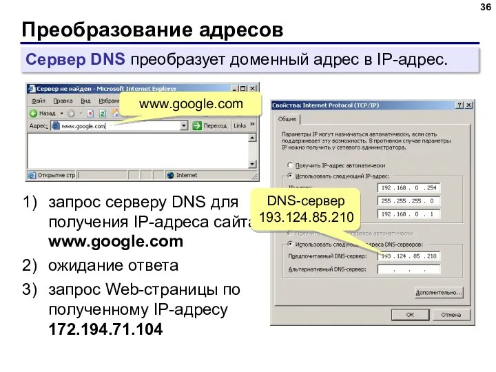 Преобразование адресов Сервер DNS преобразует доменный адрес в IP-адрес. www.google.com запрос серверу