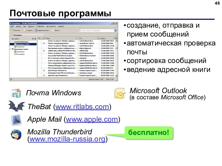 Почтовые программы Почта Windows Microsoft Outlook (в составе Microsoft Office) TheBat (www.ritlabs.com)