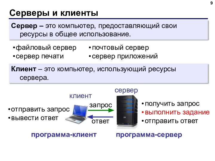 Серверы и клиенты Сервер ­– это компьютер, предоставляющий свои ресурсы в общее