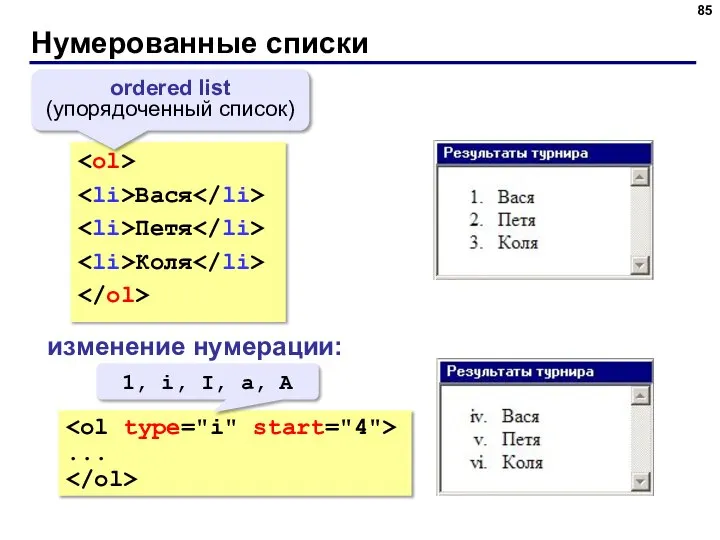 Нумерованные списки Вася Петя Коля ordered list (упорядоченный список) изменение нумерации: ...