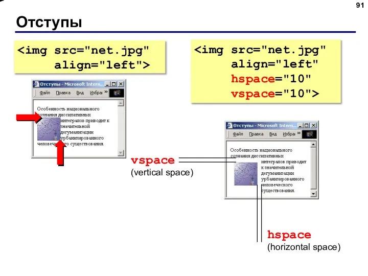 Отступы vspace (vertical space) hspace (horizontal space)