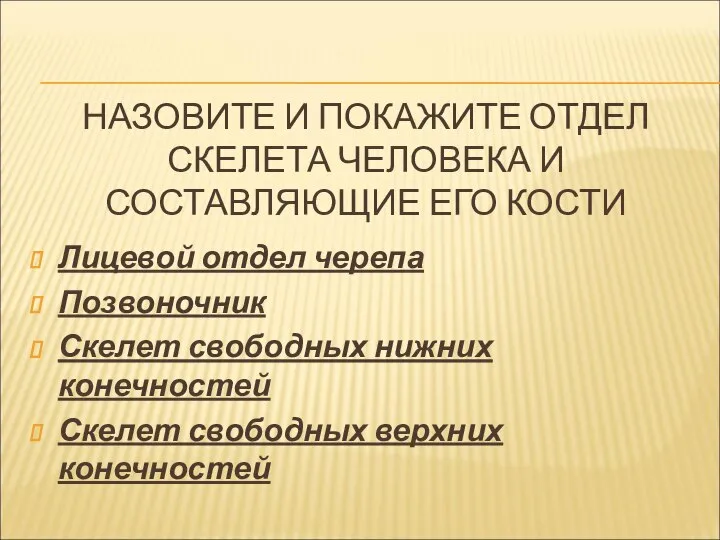 НАЗОВИТЕ И ПОКАЖИТЕ ОТДЕЛ СКЕЛЕТА ЧЕЛОВЕКА И СОСТАВЛЯЮЩИЕ ЕГО КОСТИ Лицевой отдел