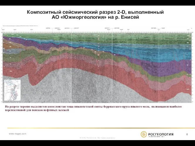 Композитный сейсмический разрез 2-D, выполненный АО «Южморгеология» на р. Енисей На разрезе