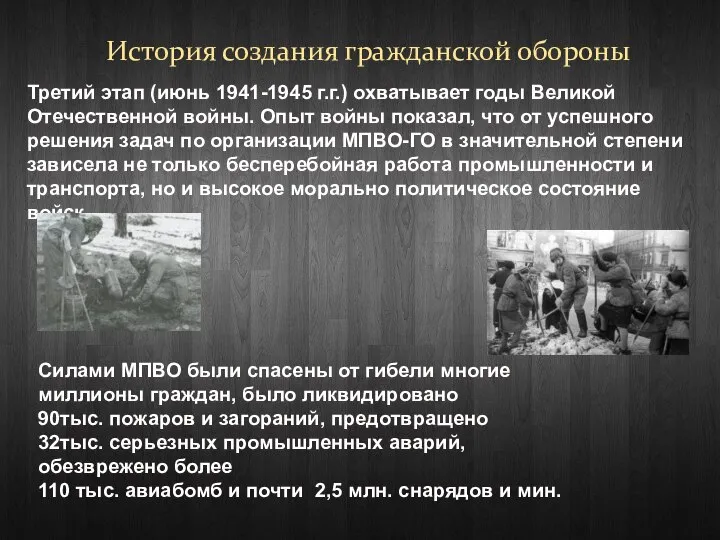 История создания гражданской обороны Третий этап (июнь 1941-1945 г.г.) охватывает годы Великой