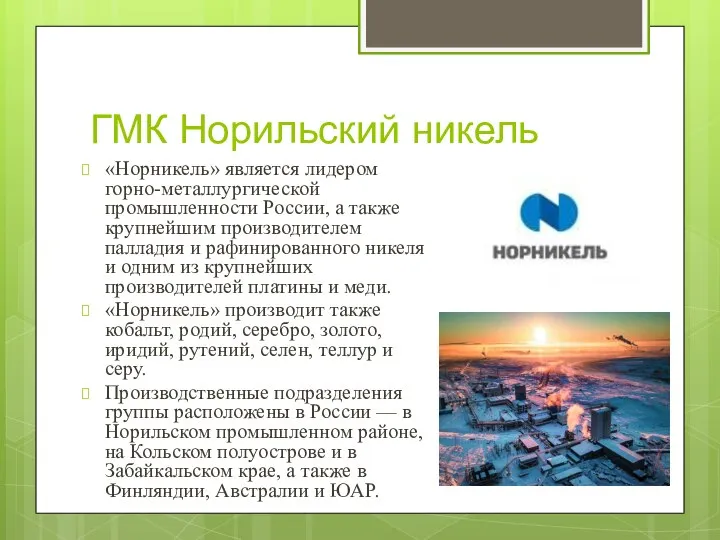 ГМК Норильский никель «Норникель» является лидером горно-металлургической промышленности России, а также крупнейшим