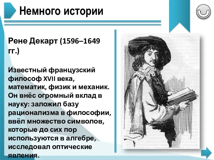 Немного истории Рене Декарт (1596–1649 гг.) Известный французский философ XVII века, математик,