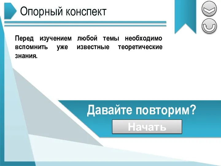 Перед изучением любой темы необходимо вспомнить уже известные теоретические знания. Давайте повторим? Начать Опорный конспект