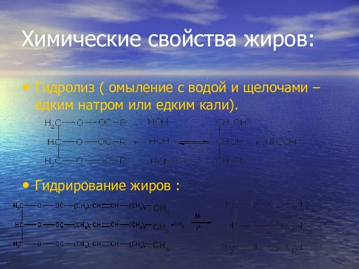 Химические свойства жиров: Гидролиз ( омыление с водой и щелочами – едким