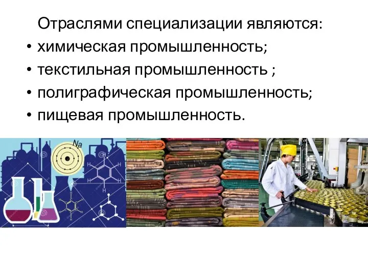 Отраслями специализации являются: химическая промышленность; текстильная промышленность ; полиграфическая промышленность; пищевая промышленность.