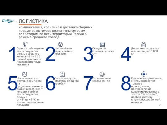 ЛОГИСТИКА комплектация, хранение и доставка сборных продуктовых грузов розничным сетевым операторам по