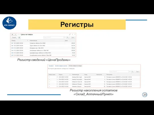 Регистры Регистр сведений «ЦенаПродажи» Регистр накопления остатков «Склад_АптечныйПункт»