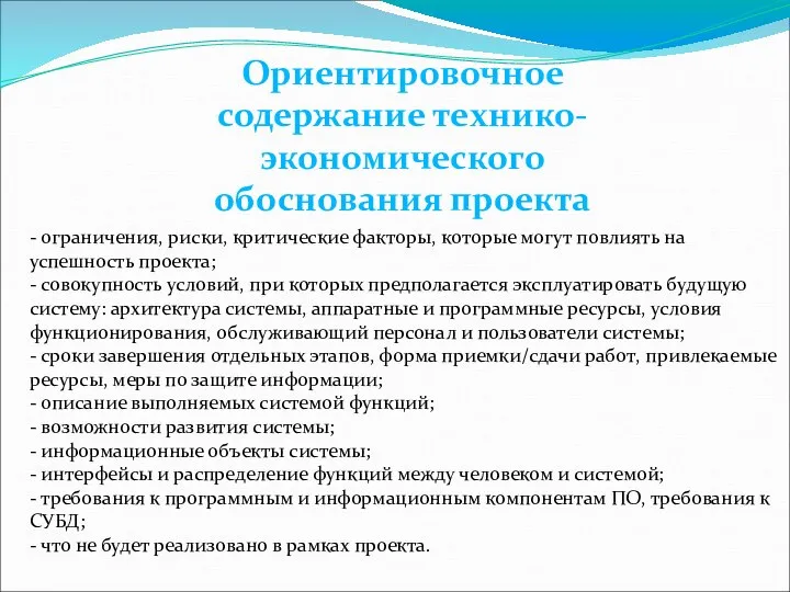 Ориентировочное содержание технико-экономического обоснования проекта - ограничения, риски, критические факторы, которые могут