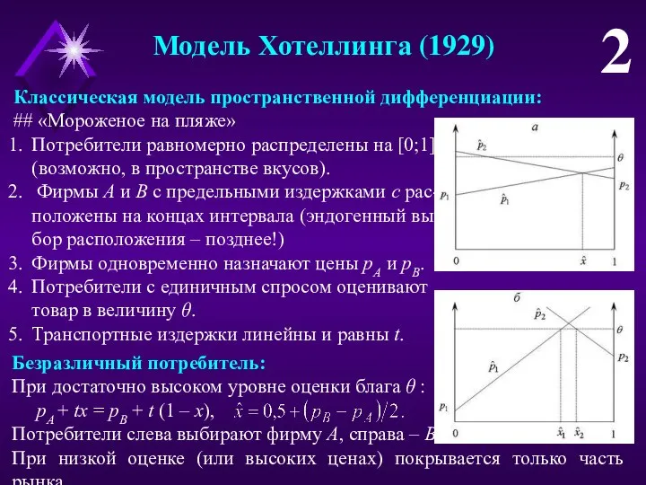 Модель Хотеллинга (1929) 2 Классическая модель пространственной дифференциации: ## «Мороженое на пляже»