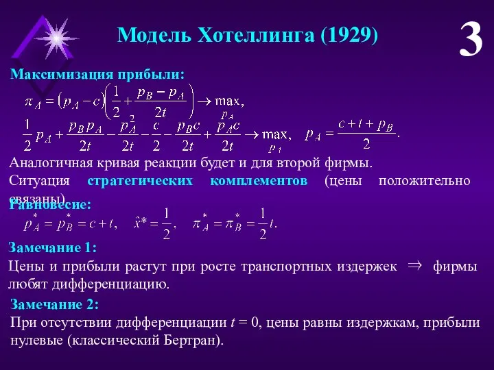 Модель Хотеллинга (1929) 3 Максимизация прибыли: Замечание 1: Цены и прибыли растут