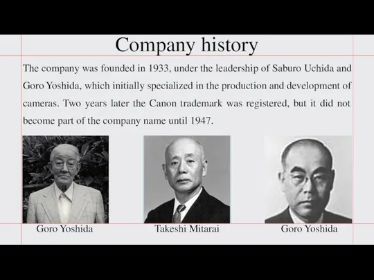 Company history Goro Yoshida Goro Yoshida Takeshi Mitarai The company was founded