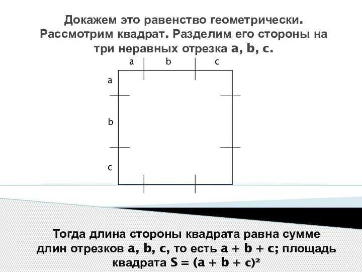 Докажем это равенство геометрически. Рассмотрим квадрат. Разделим его стороны на три неравных