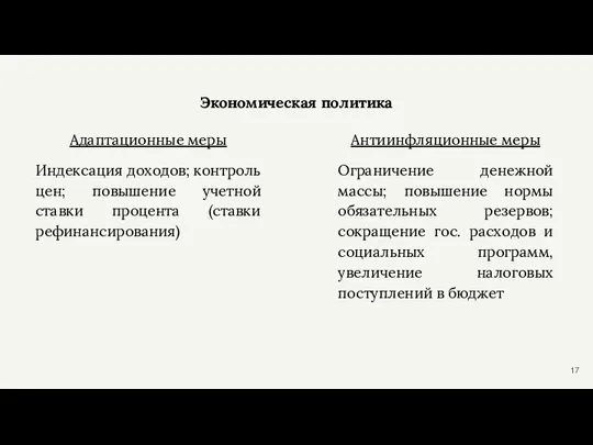 Экономическая политика Адаптационные меры Индексация доходов; контроль цен; повышение учетной ставки процента