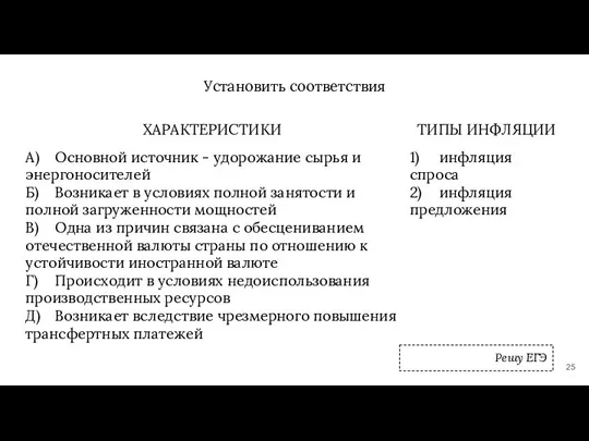 Установить соответствия ХАРАКТЕРИСТИКИ А) Основной источник - удорожание сырья и энергоносителей Б)