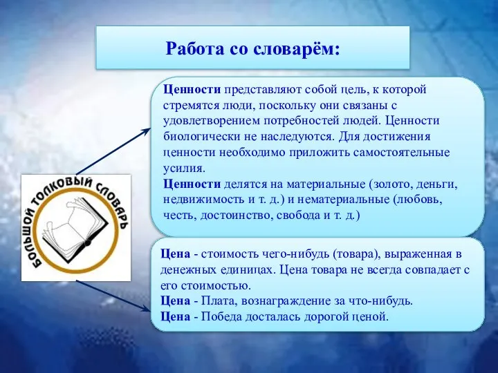 Работа со словарём: Ценности представляют собой цель, к которой стремятся люди, поскольку