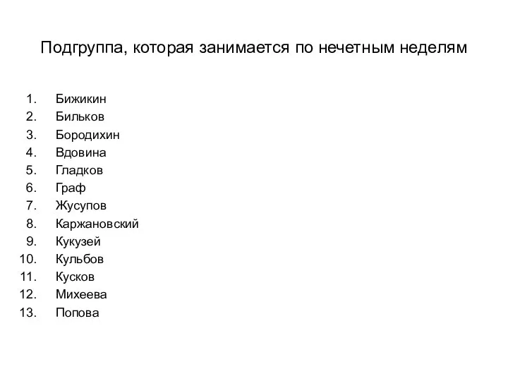 Подгруппа, которая занимается по нечетным неделям Бижикин Бильков Бородихин Вдовина Гладков Граф