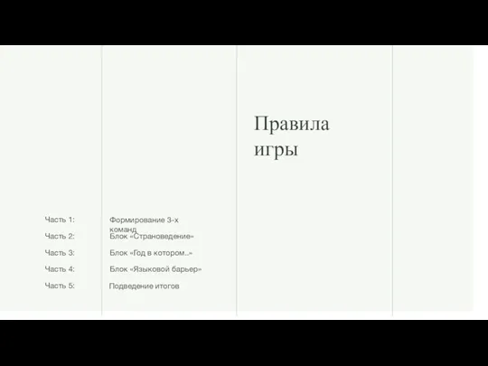 Правила игры Формирование 3-х команд Блок «Страноведение» Блок «Год в котором..» Блок