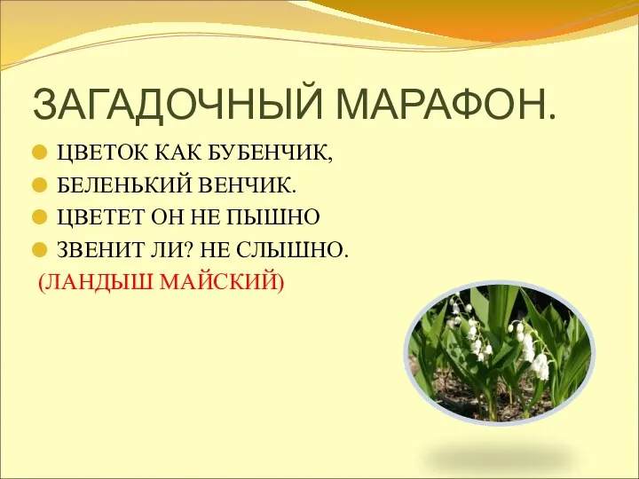 ЗАГАДОЧНЫЙ МАРАФОН. ЦВЕТОК КАК БУБЕНЧИК, БЕЛЕНЬКИЙ ВЕНЧИК. ЦВЕТЕТ ОН НЕ ПЫШНО ЗВЕНИТ