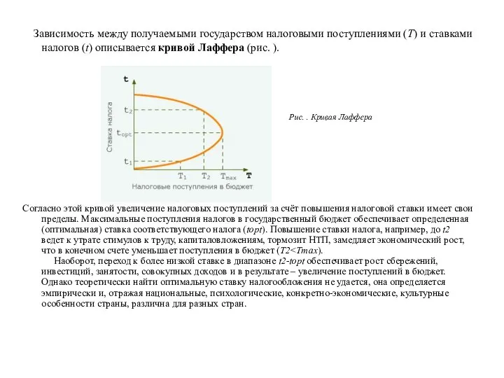 Зависимость между получаемыми государством налоговыми поступлениями (Т) и ставками налогов (t) описывается