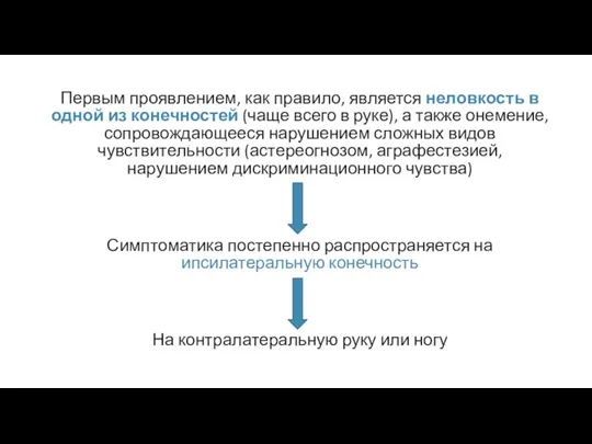 Первым проявлением, как правило, является неловкость в одной из конечностей (чаще всего