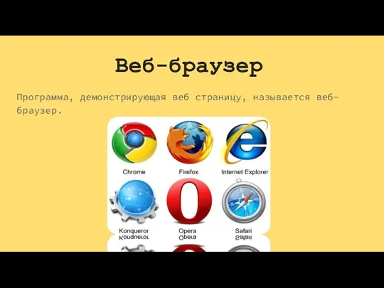 Веб-браузер Программа, демонстрирующая веб страницу, называется веб-браузер.