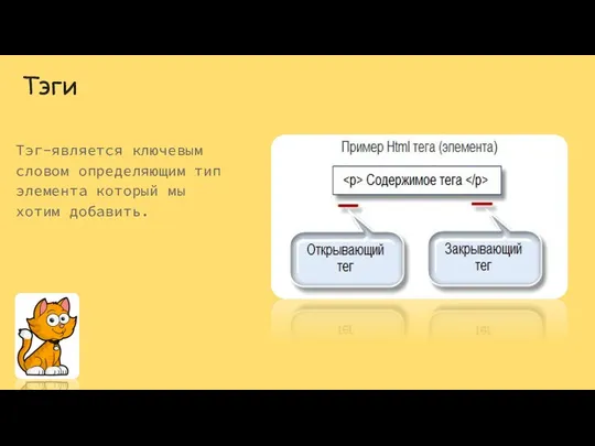 Тэги Тэг-является ключевым словом определяющим тип элемента который мы хотим добавить.