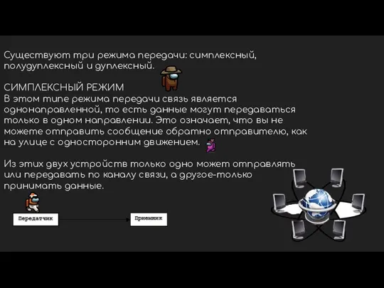 Существуют три режима передачи: симплексный, полудуплексный и дуплексный. СИМПЛЕКСНЫЙ РЕЖИМ В этом