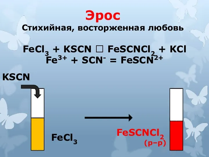 FeCl3 + KSCN ? FeSCNCl2 + KCl Fe3+ + SCN- = FeSCN2+