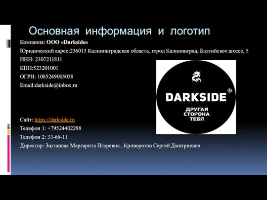 Основная информация и логотип Компания: ООО «Darkside» Юридический адрес:236013 Калининградская область, город