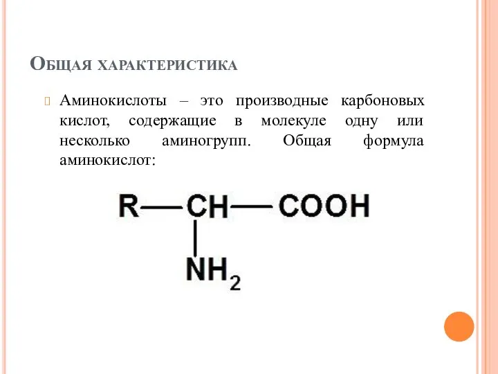 Общая характеристика Аминокислоты – это производные карбоновых кислот, содержащие в молекуле одну