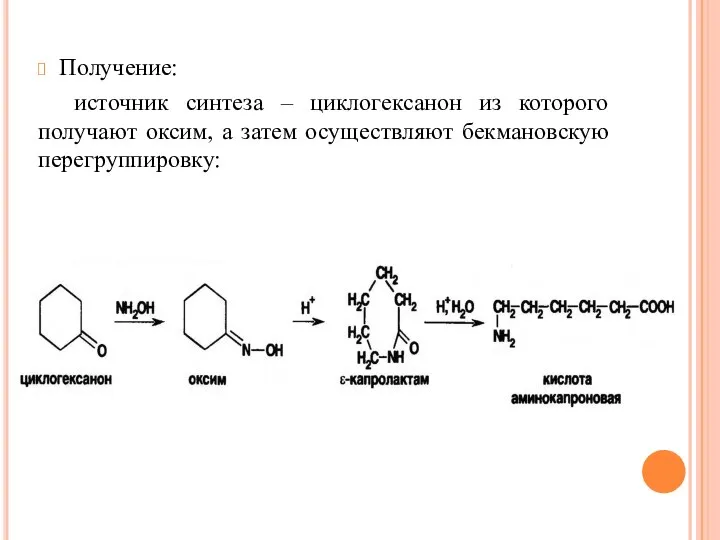 Получение: источник синтеза – циклогексанон из которого получают оксим, а затем осуществляют бекмановскую перегруппировку: