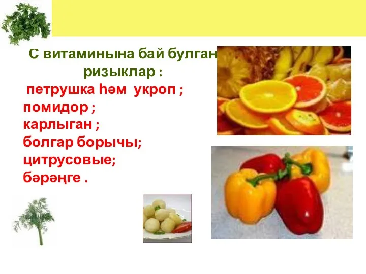 С витаминына бай булган ризыклар : петрушка һәм укроп ; помидор ;