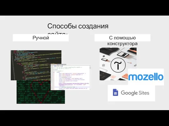 Способы создания сайта: Ручной С помощью конструктора