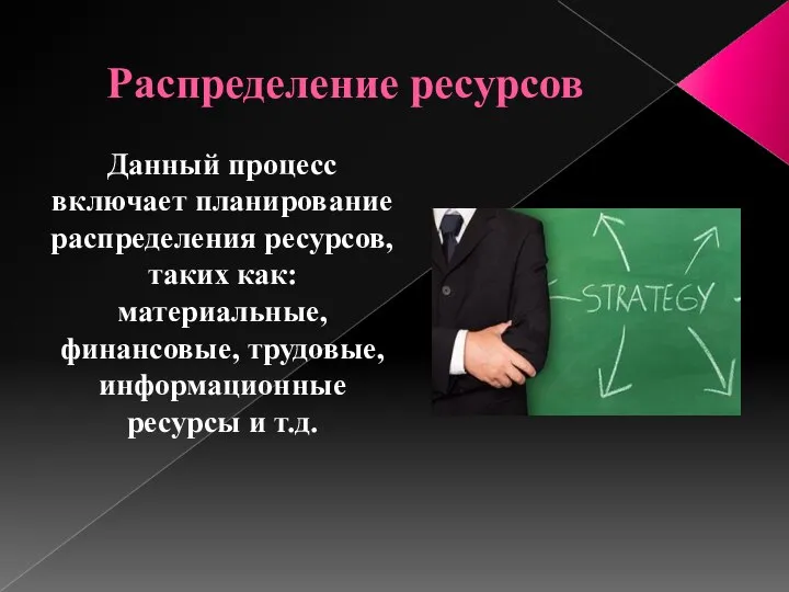 Распределение ресурсов Данный процесс включает планирование распределения ресурсов, таких как: материальные, финансовые,