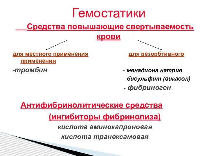 Гемостатики Средства повышающие свертываемость крови для местного применения для резорбтивного применения -тромбин