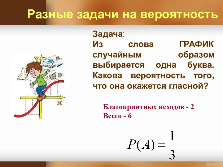 Задача: Из слова ГРАФИК случайным образом выбирается одна буква. Какова вероятность того,