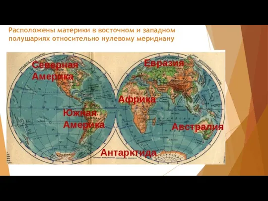 Расположены материки в восточном и западном полушариях относительно нулевому меридиану