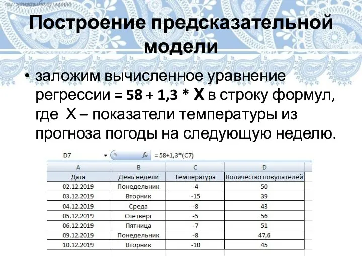 Построение предсказательной модели заложим вычисленное уравнение регрессии = 58 + 1,3 *